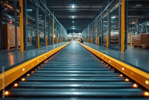 Fototapeta modern automated logistics center interior with robotic systems and smart conveyor belts managing inventory in vast distribution warehouse space