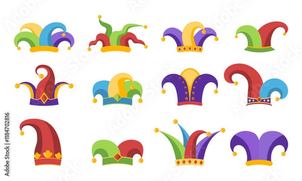 Fototapeta Set of jester hats isolated on white background. Design elements for April Fools Day. Vector illustration