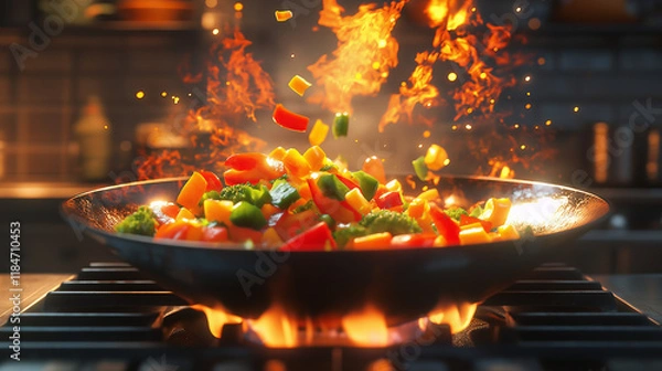 Fototapeta A kitchen scene with a chef expertly tossing colorful vegetables in a wok, with flames rising from the stove