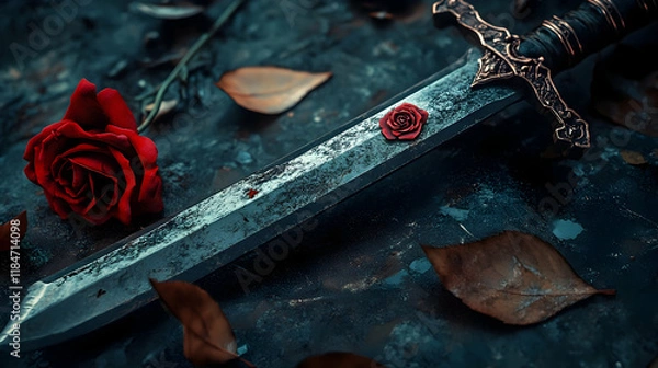 Obraz A large knife with a rose emblem, suitable for use as a prop in fantasy or medieval themed images