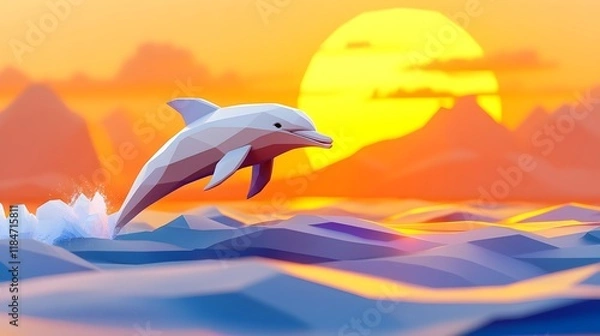 Fototapeta Paper Dolphin Leaping from Glassy Ocean at Vibrant Sunset