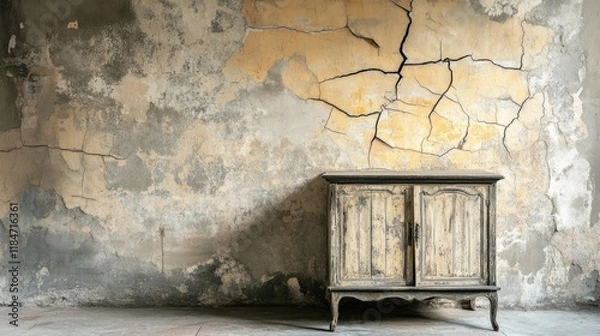 Obraz A lone, weathered cabinet stands in a room where time seems frozen, with cracks spreading across the walls and dim hues.