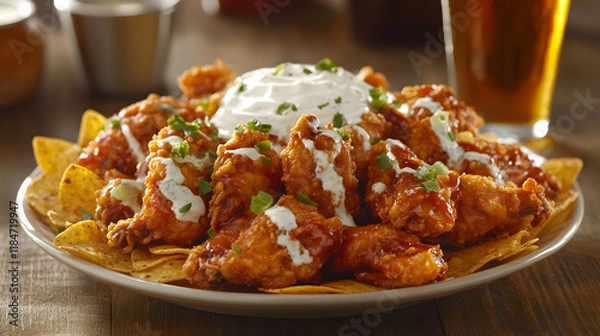 Obraz A plate of crispy fried chicken wings served with creamy nachos and a cold glass of beer