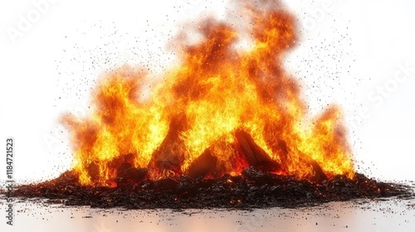 Fototapeta A blazing bonfire with glowing embers and flickering flames, isolated on a stark white background for maximum visual impact