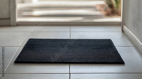 Obraz A simple black door mat on a white tiled floor