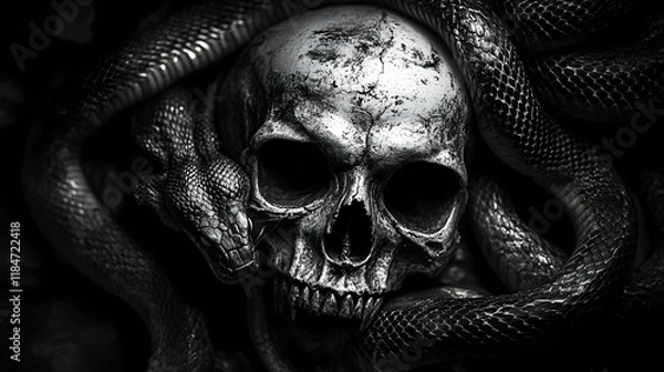 Obraz A skull and snake image in black and white