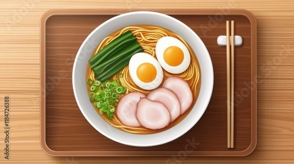 Fototapeta A colorful bowl of ramen with perfectly cooked noodles, soft-boiled egg, slices of pork, seaweed