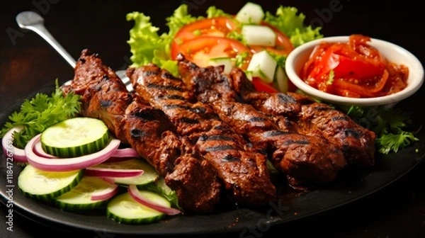 Fototapeta Smoky and Spicy Seekh Kabab served with Salad, Chutney, and Charcoal. Perfect Meal for Meat and Chicken Lovers