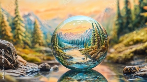 Fototapeta Macro shot of a single bubble reflecting a forest landscape, nature-inspired and detailed, colorful bubbles, environmental focus 