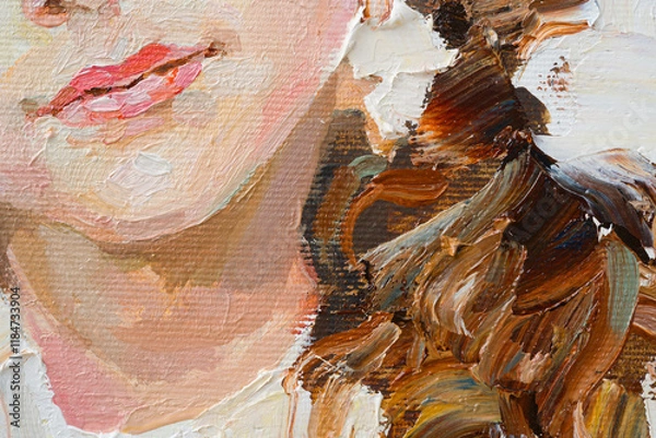 Fototapeta Fragment of an oil painting.  Portrait of a woman. The art is done in a realistic manner.