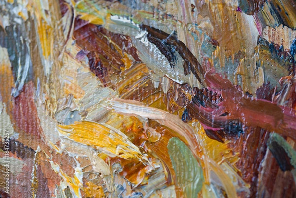 Fototapeta Embossed pasty oil paints and reliefs. Primary colors: ocher, white, red .  Abstract art.