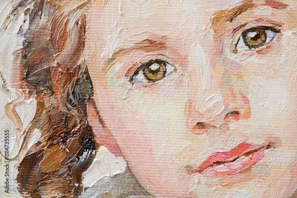 Fototapeta Fragment of an oil painting.  Portrait of a woman. The art is done in a realistic manner.