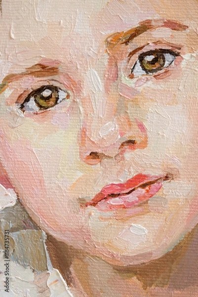 Fototapeta Fragment of an oil painting.  Portrait of a woman. The art is done in a realistic manner.