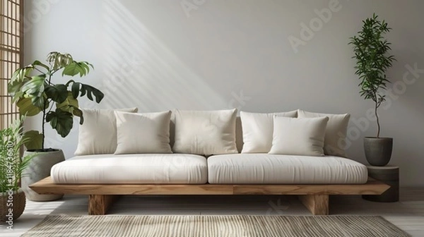 Fototapeta A cozy living room is a harmonious blend of comfort and style, featuring soft, inviting furniture like plush sofas and armchairs adorned with textured cushions. The centerpiece is often a sleek coffee