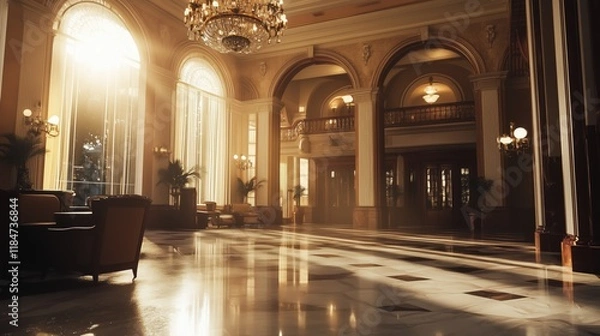 Fototapeta The Lobby of a Fancy Hotel With Chandeliers and Marble Floors - Generative AI