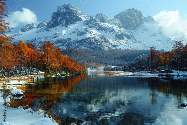 Fototapeta stunning landscape of an alpine lake surrounded by autumn trees with orange-red leaves and snow-capped mountains in the background. 