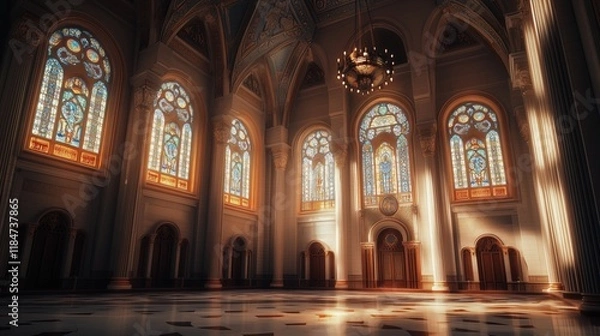 Fototapeta A Large Room With Many Stained Glass Windows and a Chandelier - Generative AI