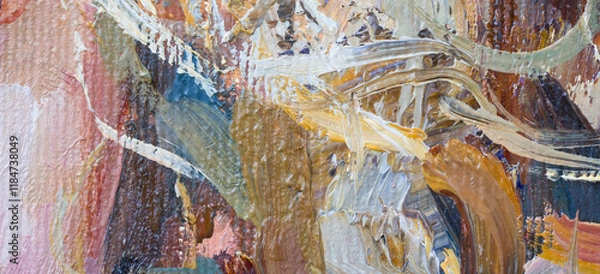 Fototapeta Embossed pasty oil paints and reliefs. Primary colors: ocher, white, red .  Abstract art.