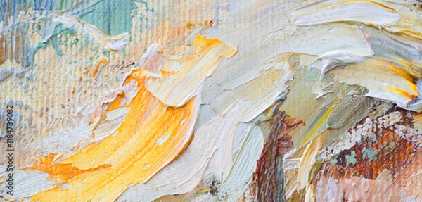 Fototapeta Embossed pasty oil paints and reliefs. Primary colors: ocher, white, red .  Abstract art.