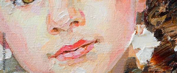 Fototapeta Fragment of an oil painting.  Portrait of a woman. The art is done in a realistic manner.