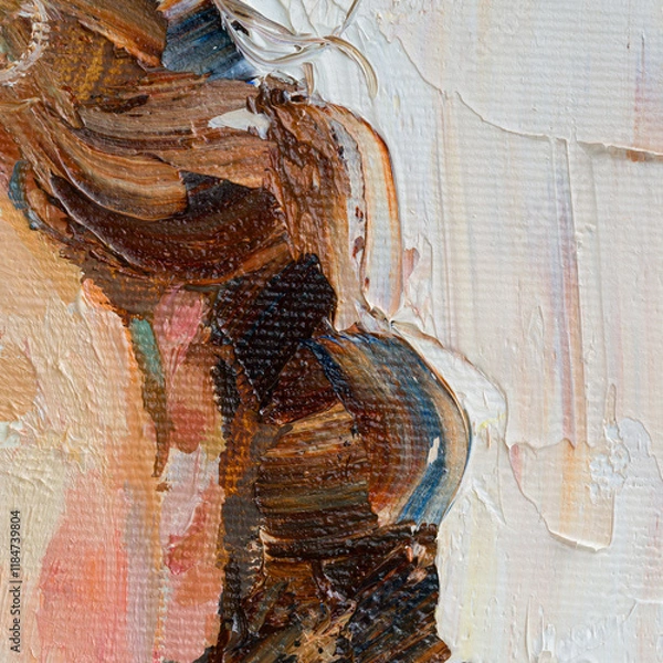 Fototapeta Embossed pasty oil paints and reliefs. Primary colors: ocher, white, red .  Abstract art.