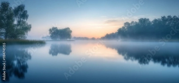 Obraz Misty sunrise over calm lake with tree reflections.