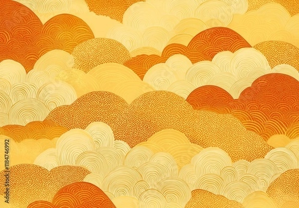 Fototapeta 
A pattern of Japanese cloud and sun motifs with an orange gradient background, featuring golden yellow and white waves, traditional decorative elements, traditional colors.