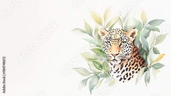 Obraz Leopard peeking through green foliage in a watercolor style.
