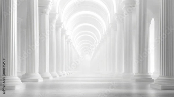 Fototapeta Ethereal White Marble Hallway with Iconic Columns and Bright Light
