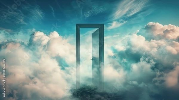 Fototapeta Open door in cloudscape, symbolizing opportunity, hope, and new beginnings.