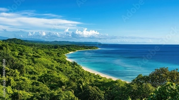 Fototapeta Lush Tropical Coastline Paradise: Serene Beach and Azure Ocean under a Bright Sky