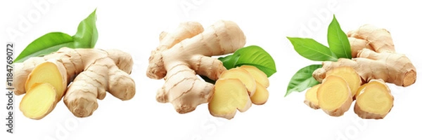 Fototapeta Set of A close-up of a fresh ginger root, isolated on a white background on transparent png background