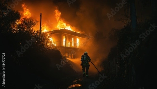 Obraz A heroic firefighter approaches a blazing structure engulfed in flames, battling the fierce wildfire as night sets in. The glow of fire illuminates the dark surroundings