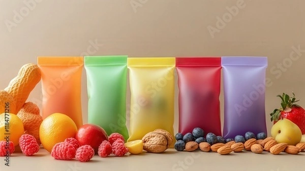 Obraz Colorful fruit and nut selection with vibrant snack packaging