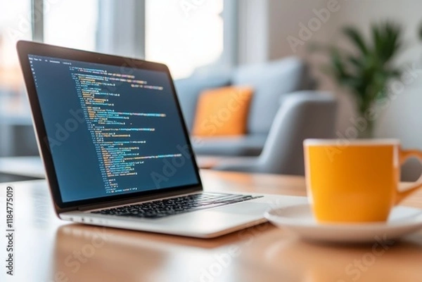 Fototapeta Programming on a laptop with vibrant coffee cup in a cozy modern workspace during the day