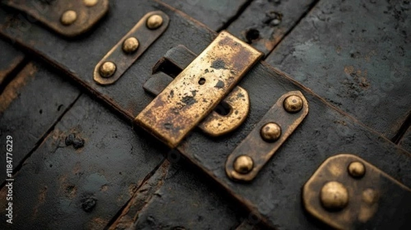 Fototapeta Antique Wooden Chest Clasp Closeup, Rustic Texture, Background Blurred