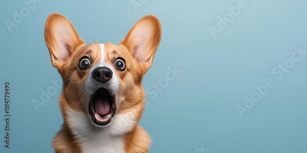 Fototapeta A portrait of  shocked Corgi dog with open mouse, sitting on a plain light blue background  with copy space