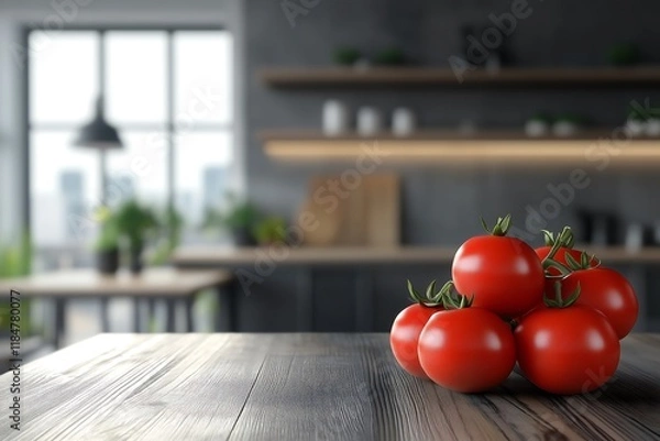Fototapeta tomatoes in close-up on a table in a luxurious and modern kitchen with a blurred background. horizontal