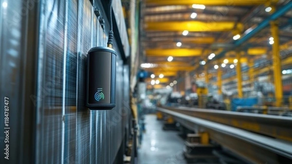 Obraz Wireless sensor mounted on a wall, gathering data in a smart factory, enhancing efficiency and driving automation within manufacturing processes for optimal performance