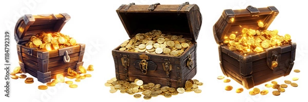 Fototapeta Set of A close-up shot of a wooden box filled with shiny gold coins on transparent png background