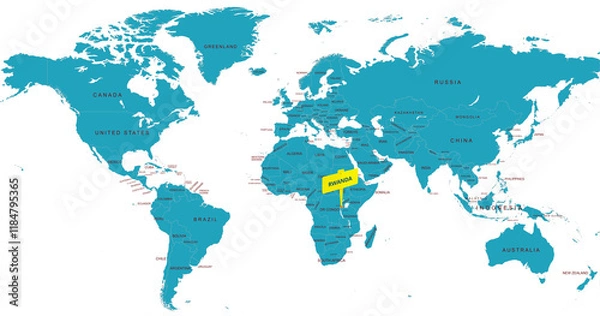 Fototapeta World Map Highlighting Country of Rwanda With Geographic Details
