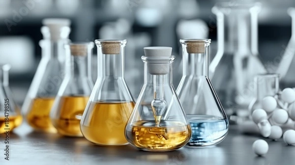 Fototapeta Various laboratory flasks filled with vibrant liquids are arranged on a table, indicating ongoing scientific experimentation and research in a modern lab environment