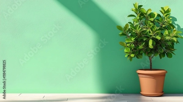 Obraz small green plant thrives in a round terracotta pot, positioned beside a refreshing mint-colored wall. Natural sunlight casts soft shadows, enhancing the tranquil atmosphere