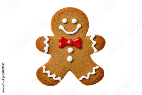 Fototapeta A cheerful gingerbread man cookie with red bow tie and white icing details, perfect for festive occasions and holiday celebrations