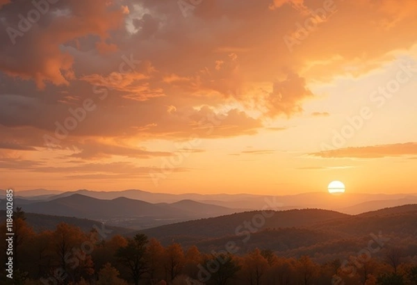 Fototapeta Orange and gold sunset over an autumn forest
