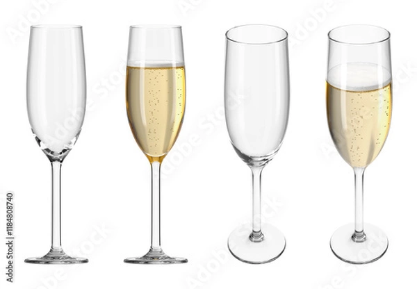 Fototapeta Glass flute with champagne on transparent isolated background. Set of empty glasses and with drink in different angles. Bar theme. 3d rendering.