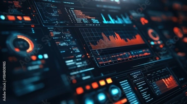 Fototapeta Futuristic control panel featuring performance data, statistics, and key metrics for manufacturing processes, with graphs and charts in a sleek, high tech setting