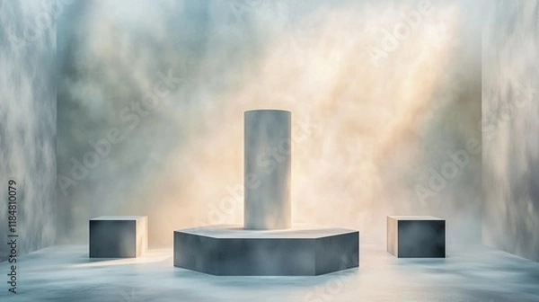 Fototapeta A modern, matte-white stage featuring a large cylinder and smaller cube, positioned asymmetrically. 