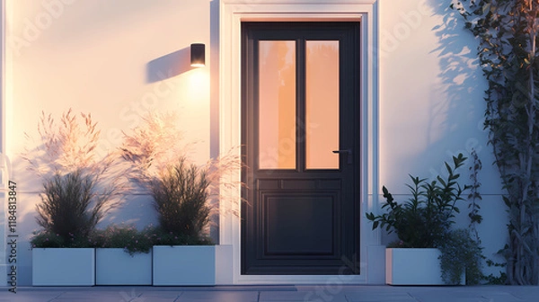 Obraz Modern front door with a black frame and glass, framed by square planters on the sides of the house entrance in white color. Dewlight. Illustration