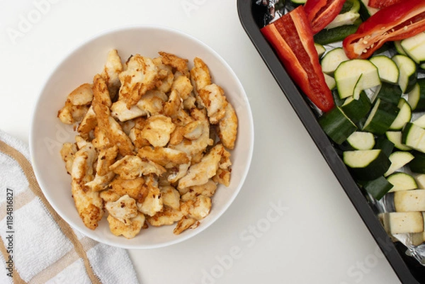 Fototapeta On a white table there is a bowl with fried chicken, a baking tray with vegetables and a plate with a fork. Homemade dinner on a white background. Copy space